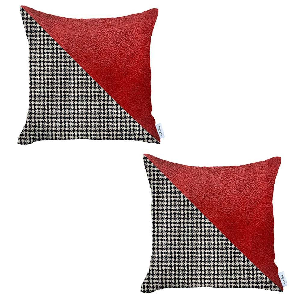 Set Of 2 Houndstooth Red Faux Leather Pillow Covers - 99fab 