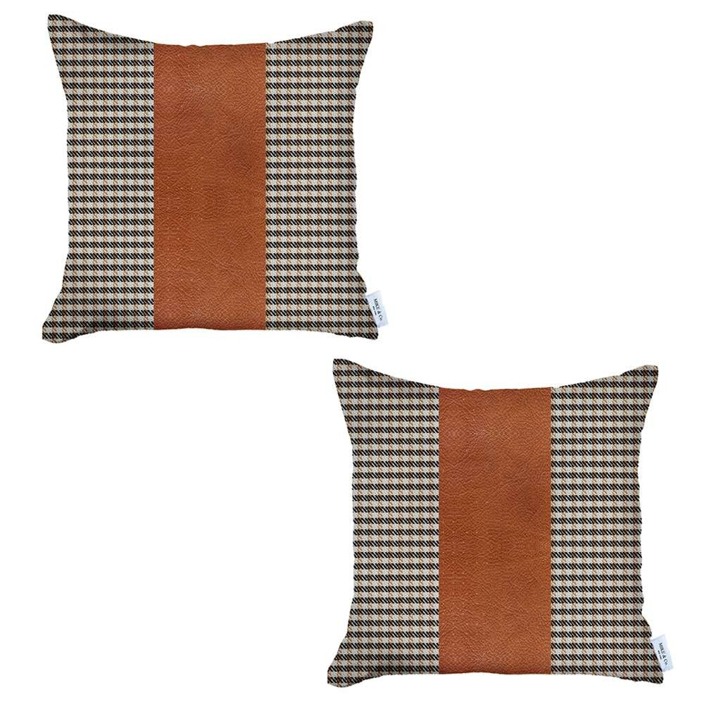 Set Of 2 Brown Checkered Faux Leather Pillow Covers - 99fab 