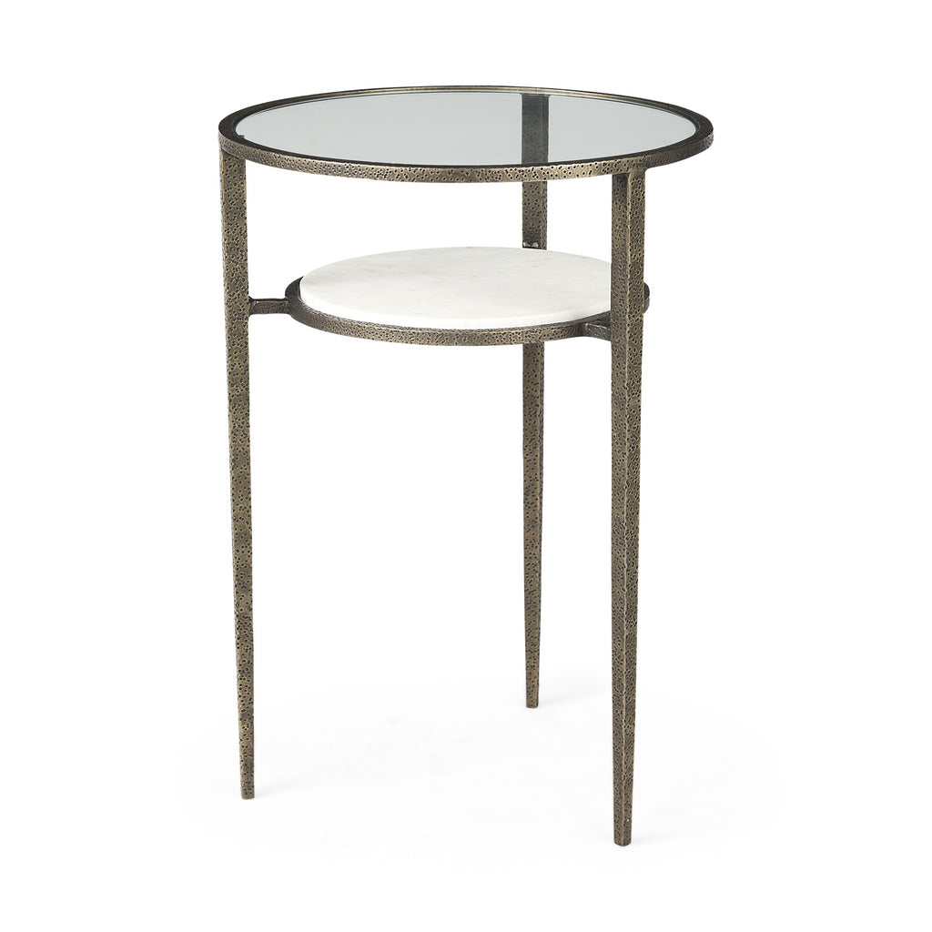 Updated Rustic Glass And Marble Antiqued Gold End Table - 99fab 