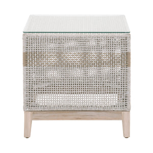 22" Taupe and White Rope and Glass Indoor Outdoor End Table