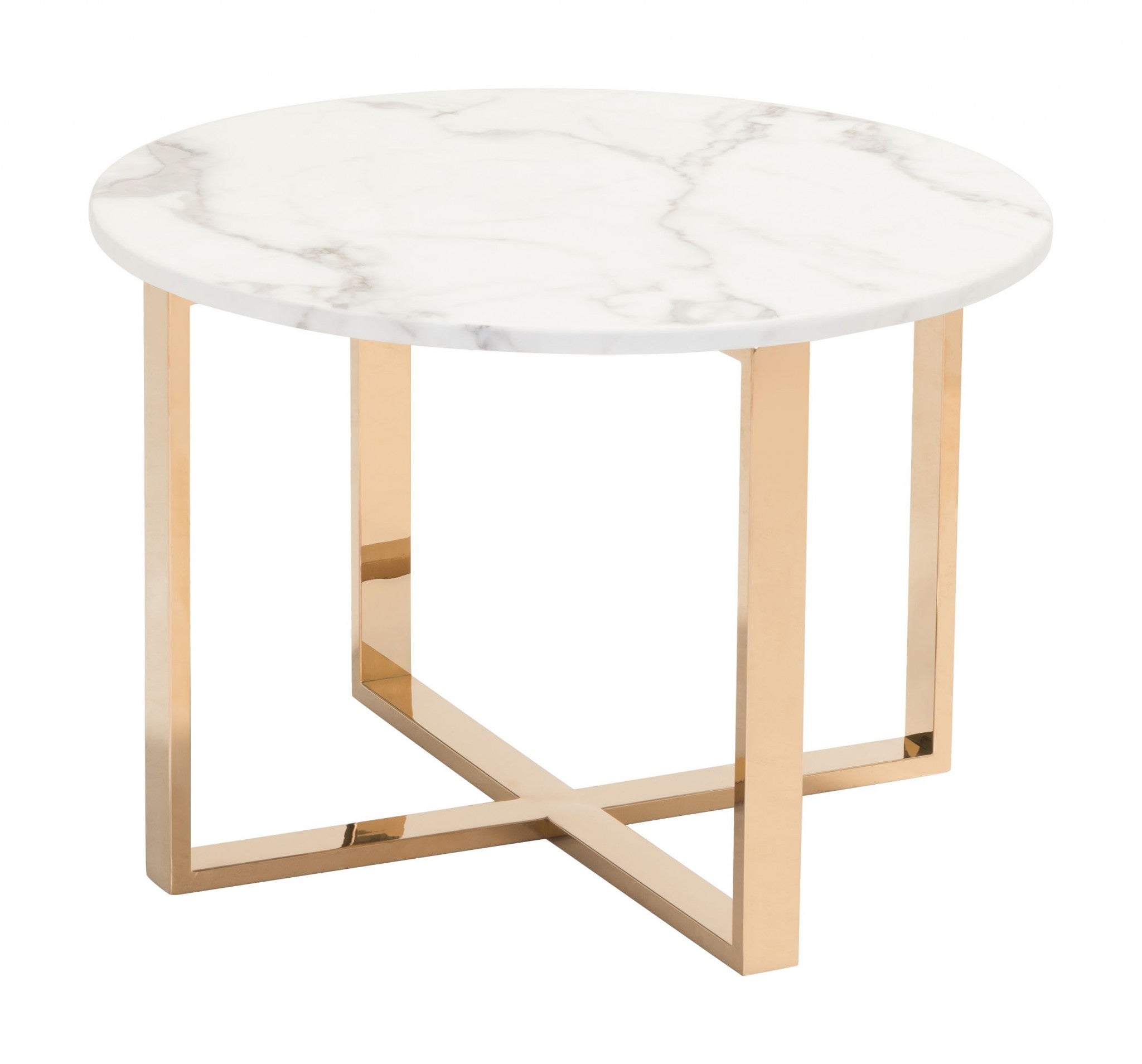 17" Gold And White Faux Marble Round End Table