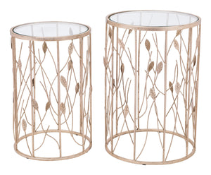 Set of Two Leaf Gold and Glass Side Tables