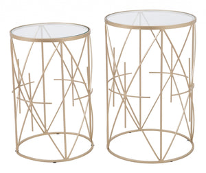 Set of Two Geometric Gold and Glass Side Tables