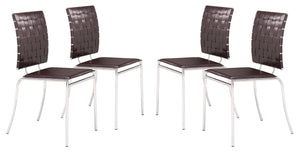 Set of Four Brown Faux Leather and Steel Modern Basket Weave Dining Chairs