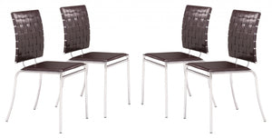 Set of Four Brown Faux Leather and Steel Modern Basket Weave Dining Chairs