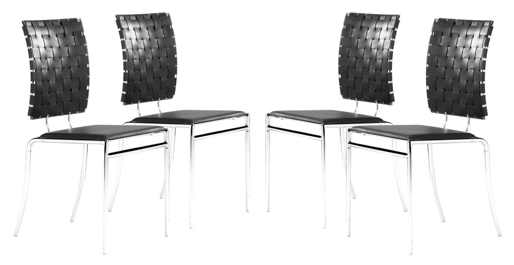 Set of Four Black Faux Leather and Steel Modern Basket Weave Dining Chairs - 99fab 
