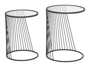 Set Of Two 16" Black And Clear Glass Round Nested Tables