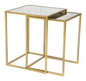 Set Of Two 18" Gold And White Faux Marble Nested Tables