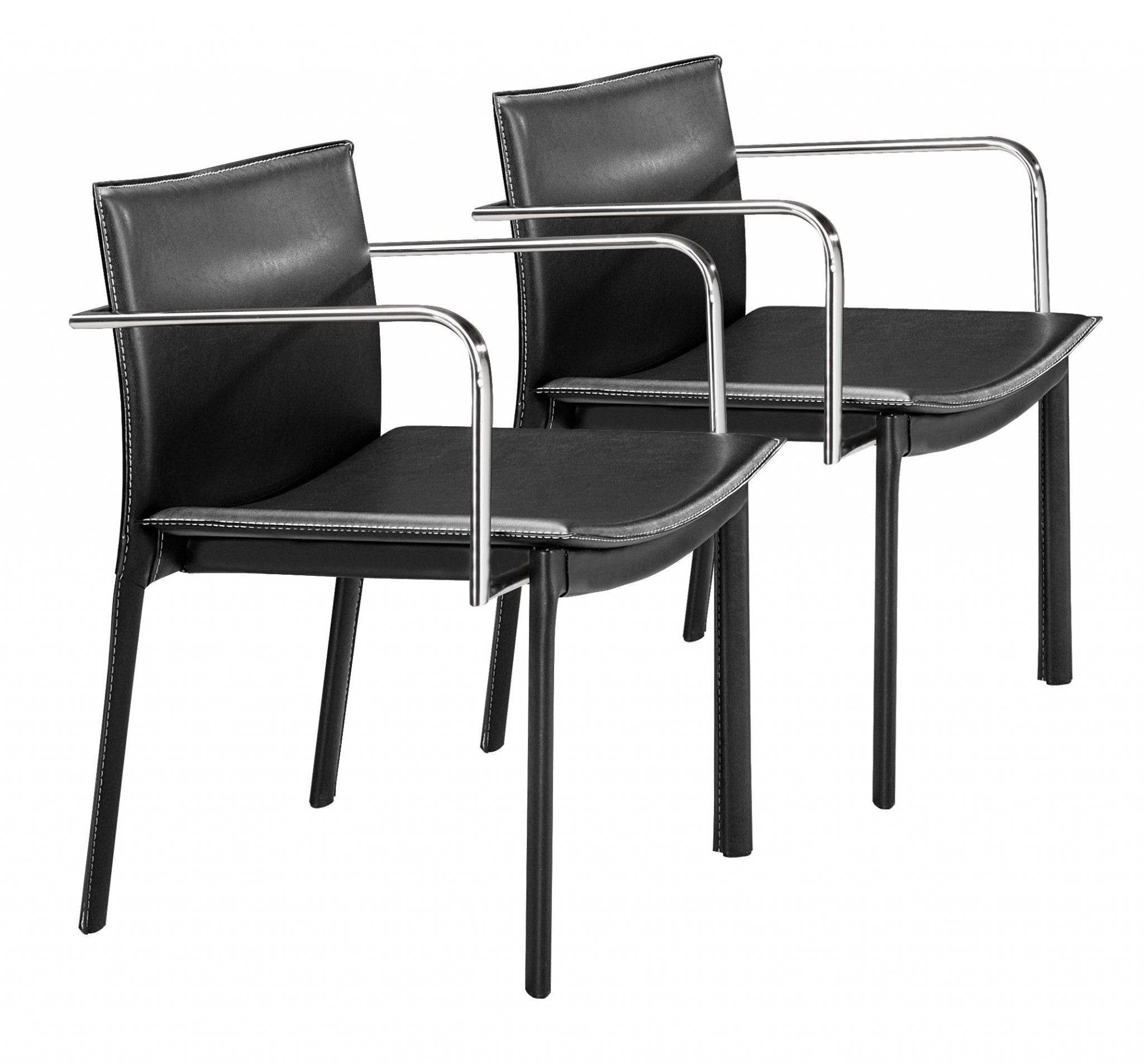 Set of Two Chrome Black Faux Leather Armchairs