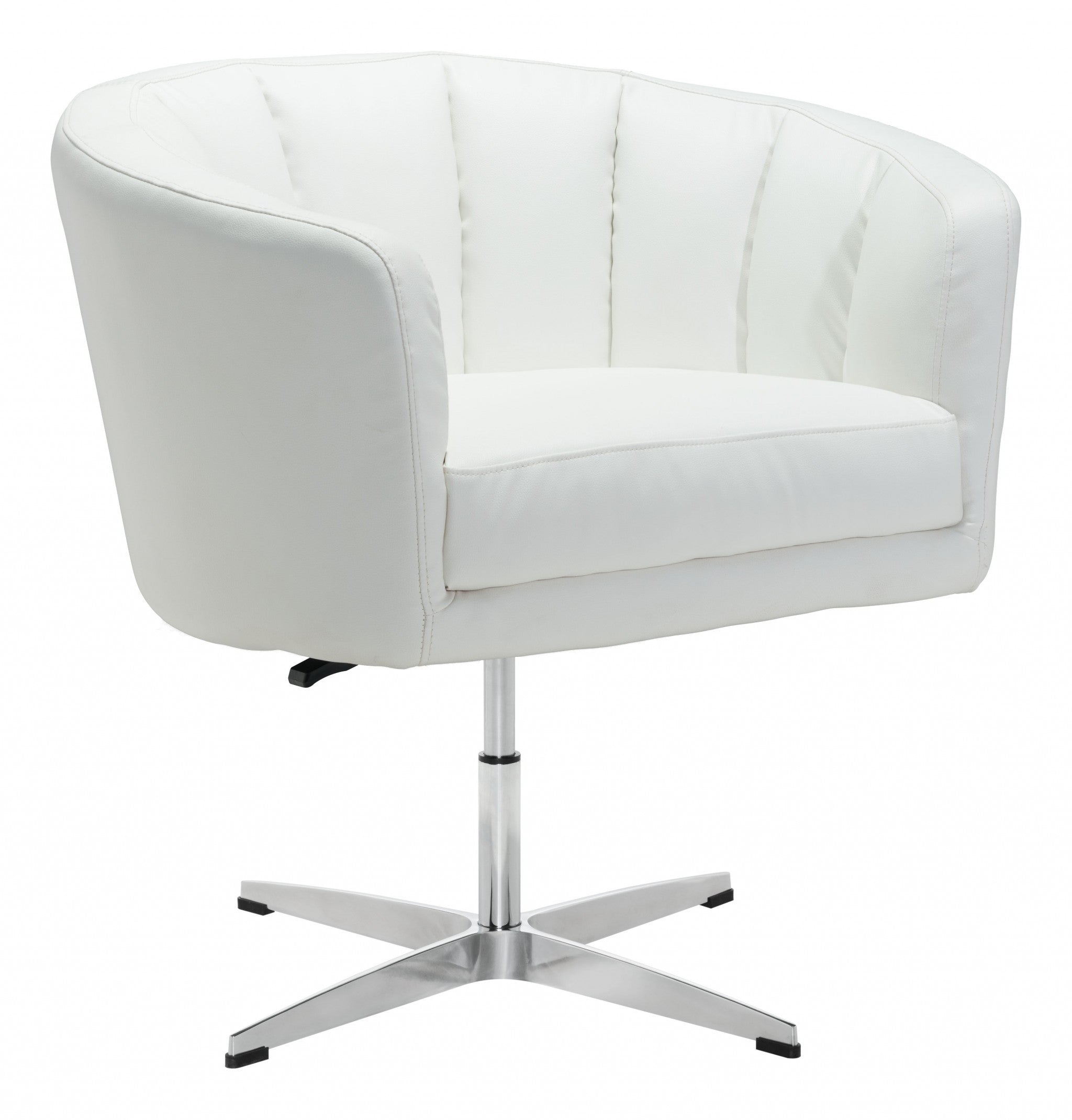 32" White Faux Leather And Silver Tufted Swivel Arm Chair