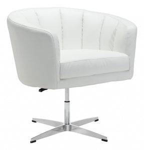 32" White Faux Leather And Silver Tufted Swivel Arm Chair