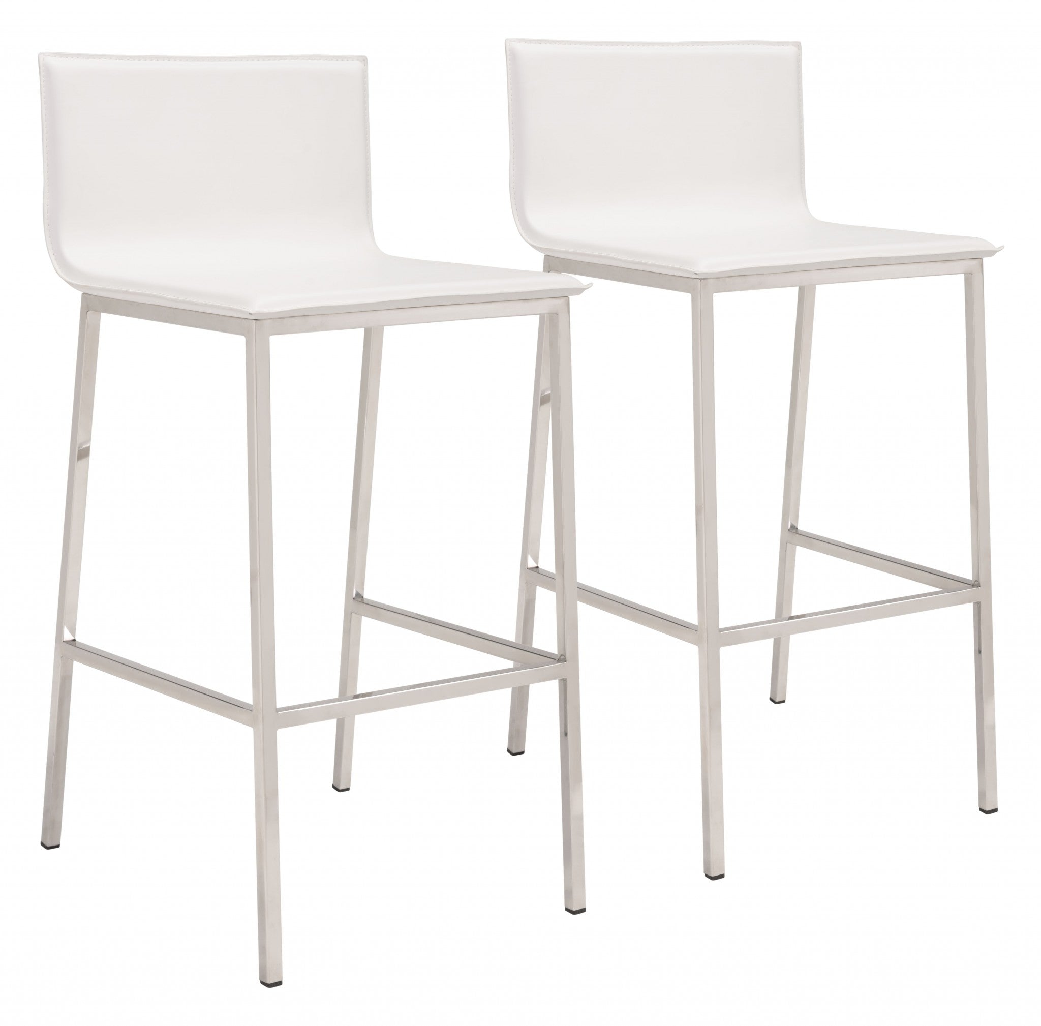 Set Of Two 39" White And Silver Steel Low Back Bar Height Chairs With Footrest