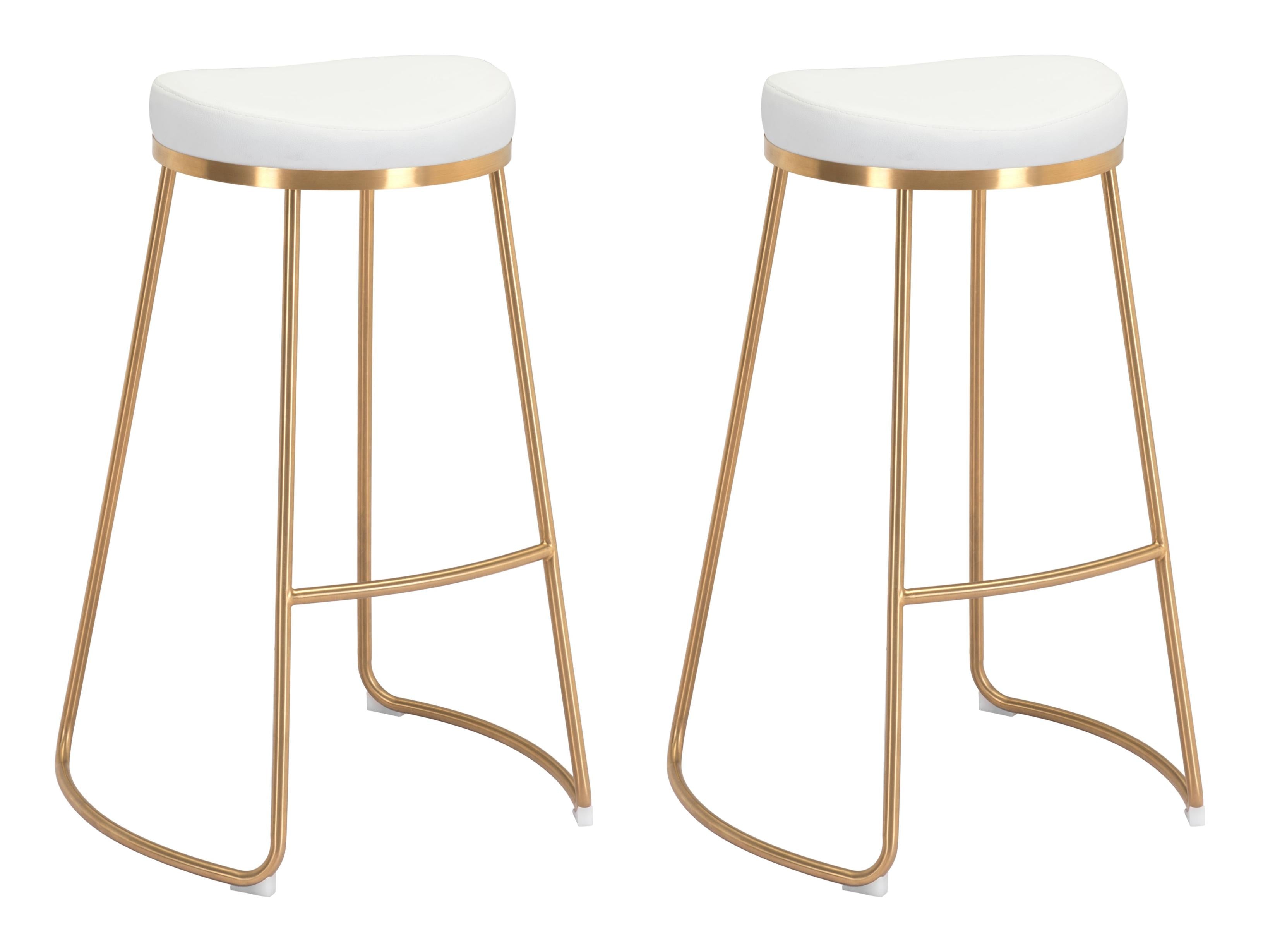 Set Of Two 31" White And Gold Steel Backless Bar Height Chairs With Footrest