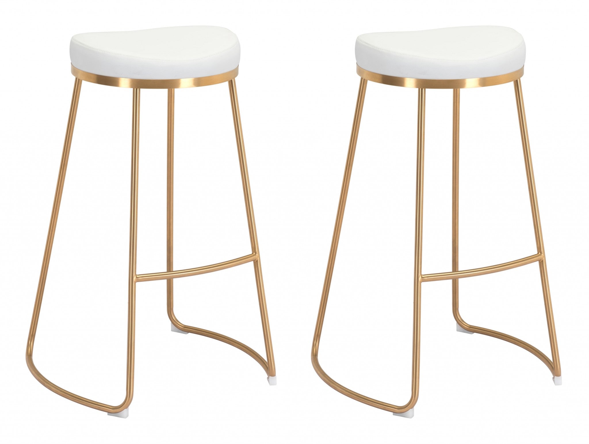 Set Of Two 31" White And Gold Steel Backless Bar Height Chairs With Footrest