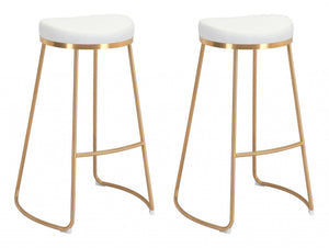 Set Of Two 31" White And Gold Steel Backless Bar Height Chairs With Footrest