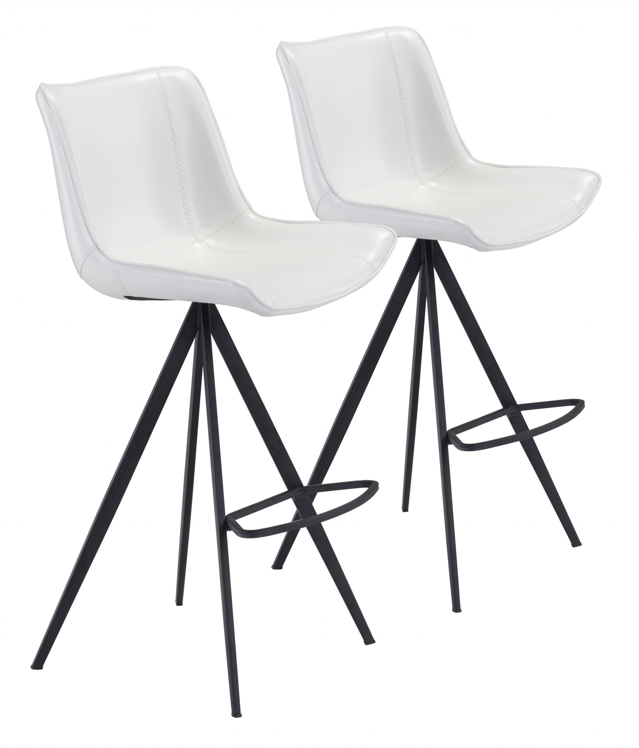 Set Of Two 42" White And Black Steel Low Back Bar Height Chairs With Footrest