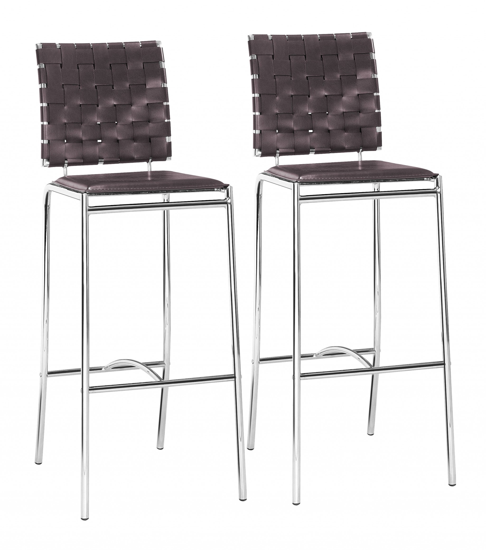 Set Of Two 41" Espresso And Silver Steel Low Back Bar Height Chairs With Footrest