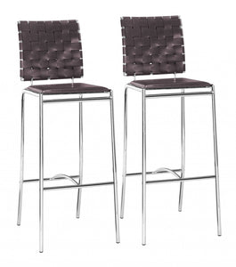 Set Of Two 41" Espresso And Silver Steel Low Back Bar Height Chairs With Footrest