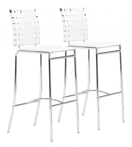 Set Of Two 41" White And Silver Steel Low Back Bar Height Chairs With Footrest