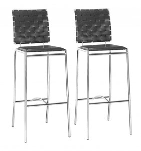 Set Of Two 41" Black And Silver Steel Low Back Bar Height Chairs With Footrest