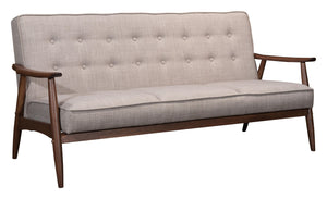 69" Taupe Beige Tufted Fabric And Brown Solid Wood Sofa