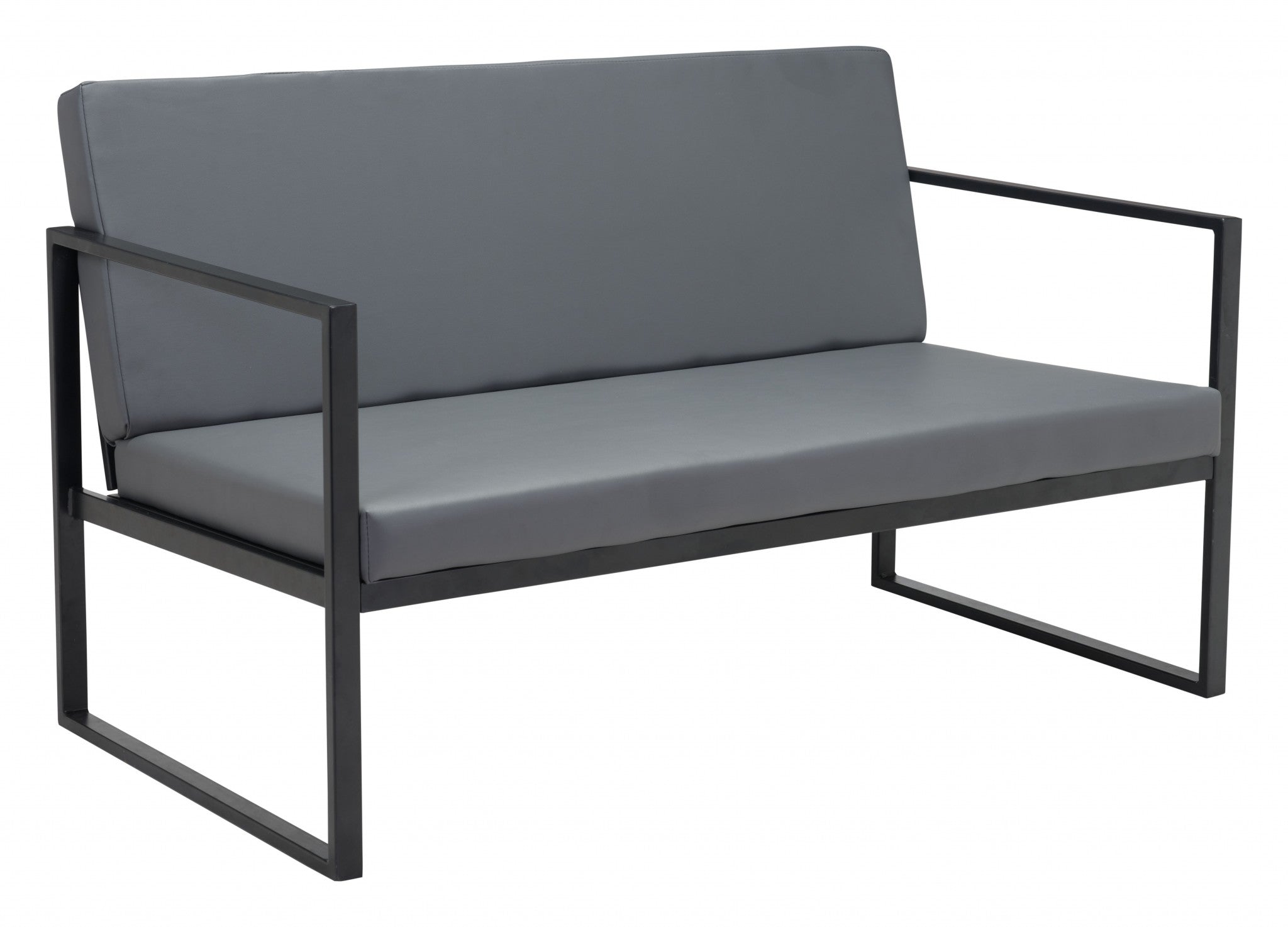 45" Gray Faux Leather And Black Metal Contemporary Sofa