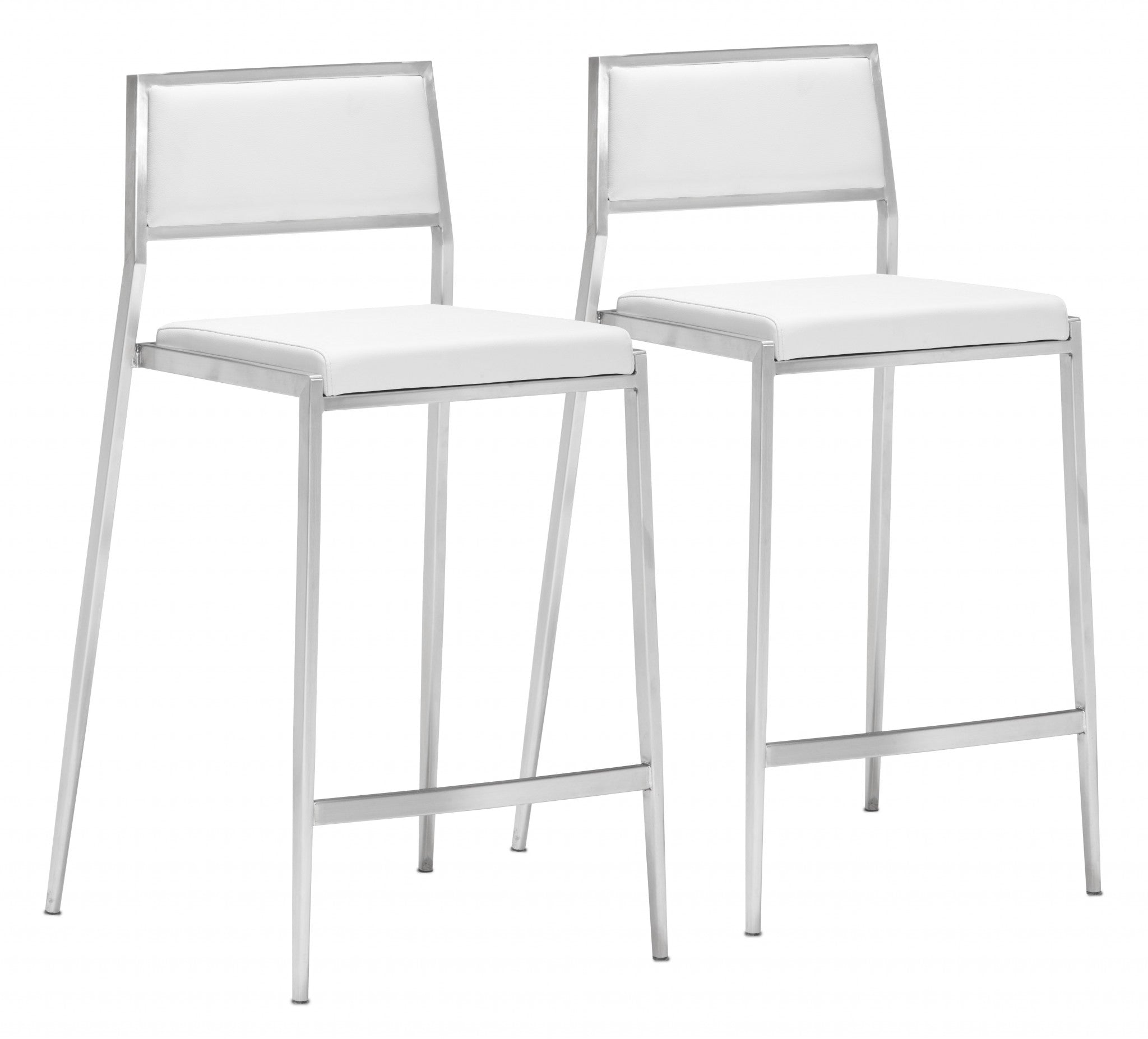 Set Of Two 36" White And Silver Low Back Counter Height Bar Chairs With Footrest