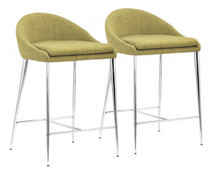 Set Of Two 30" Green and Steel Low Back Counter Height Bar Chairs