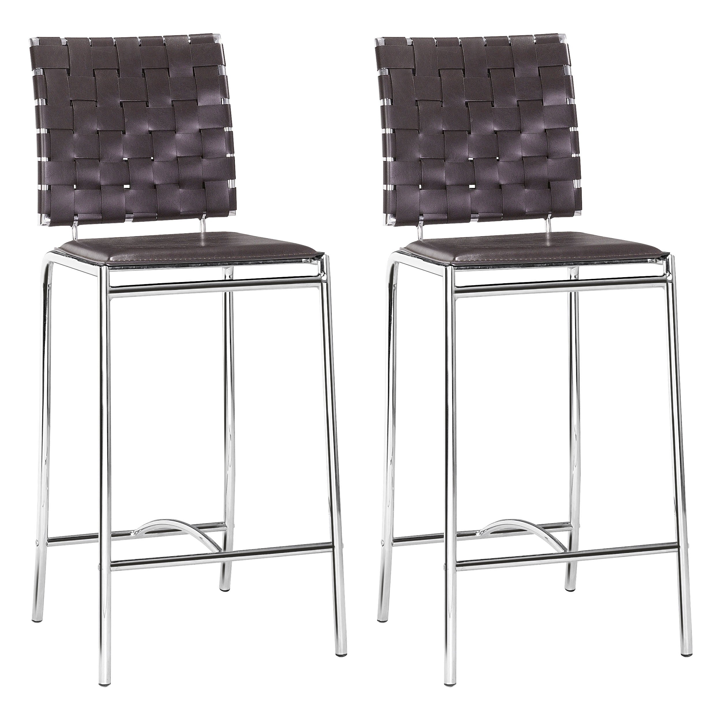 Set Of Two 39" Espresso And Silver Low Back Counter Height Bar Chairs With Footrest