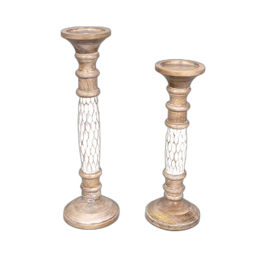 Set of Two White Wooden Carved Candle Holders - 99fab 