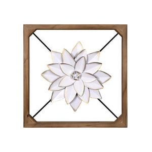 Wood Framed White Metal Flower Wall Décor