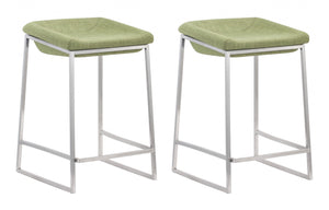 Set Of Two 26" Green And Silver Steel Backless Counter Height Bar Chairs With Footrest