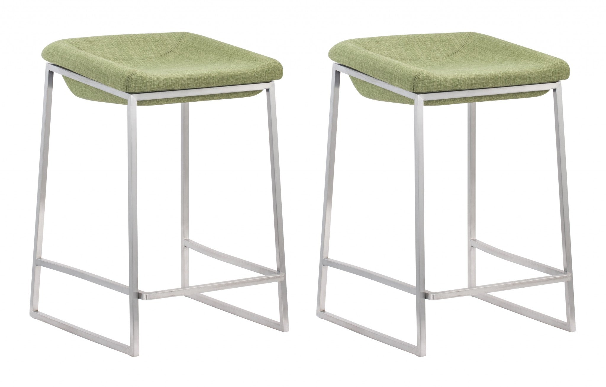 Set Of Two 26" Green And Silver Steel Backless Counter Height Bar Chairs With Footrest