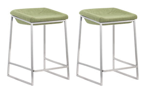 Set Of Two 26" Green And Silver Steel Backless Counter Height Bar Chairs With Footrest