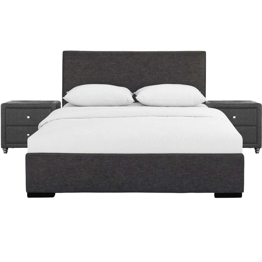 Grey Upholstered Platform Queen Bed with Two Nightstands - 99fab 