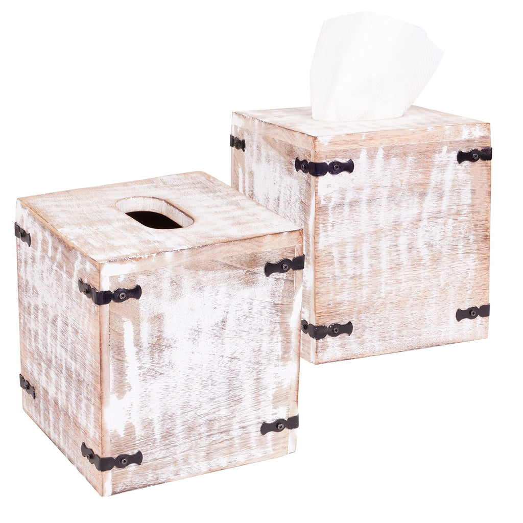 Set of 2 Rustic White Mango Wood Square Tissue Holders - 99fab 