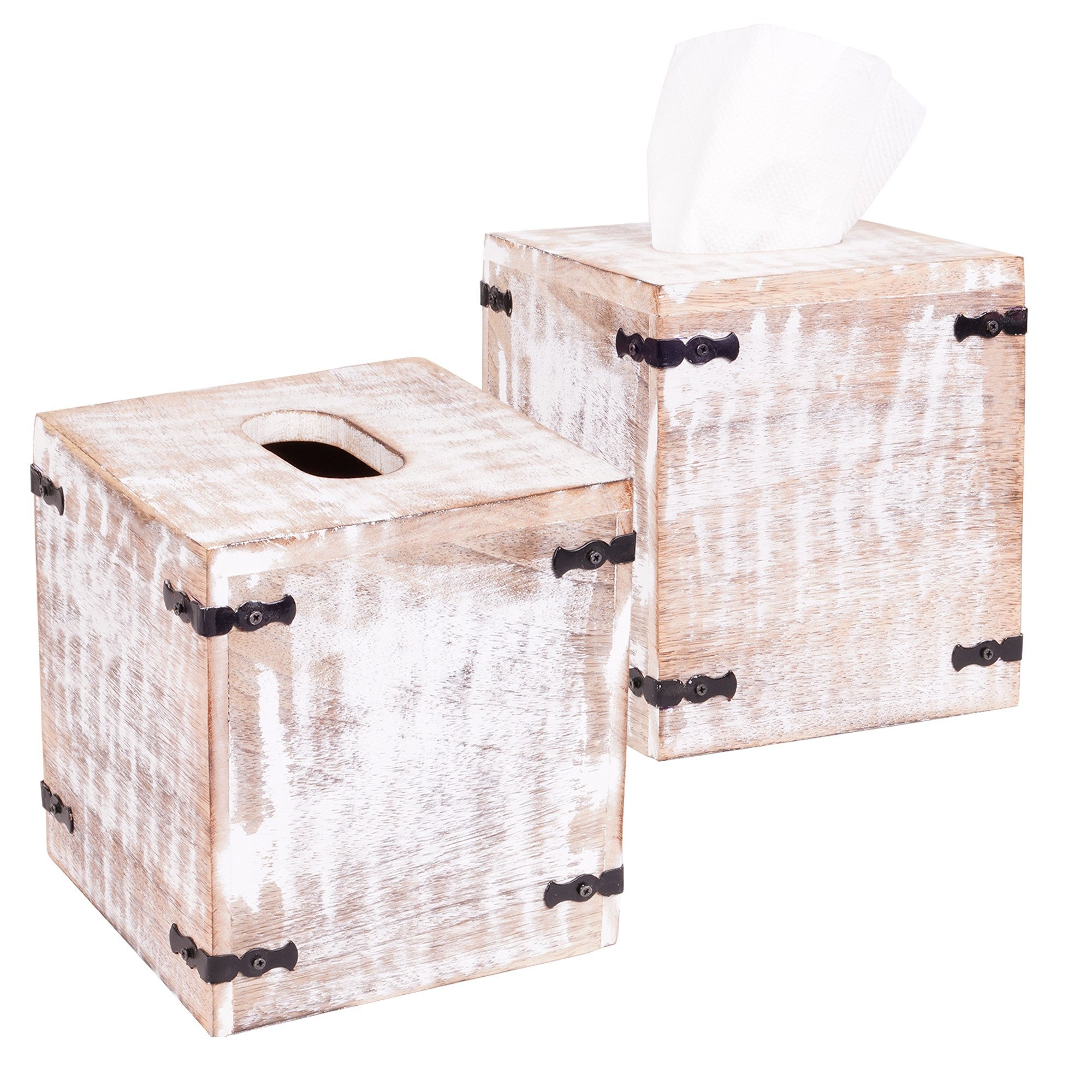 Set of 2 Rustic White Mango Wood Square Tissue Holders