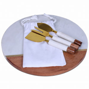 12" Wood and Marble and Gold Cheese Board and Knife Set