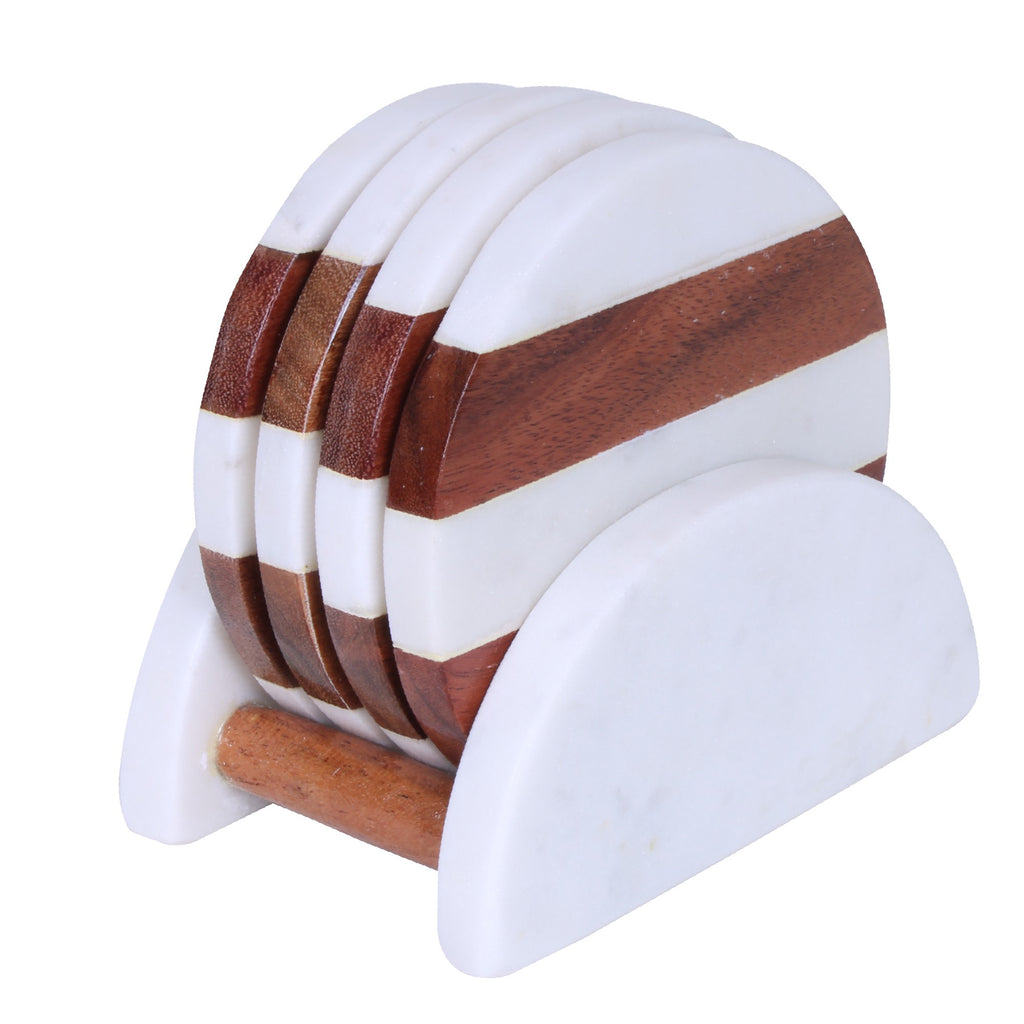 Set of Four Round Wood and Marble Coasters with Stand - 99fab 