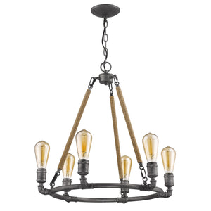 Grayson 6-Light Antique Gray Chandelier With Jute Wrapped Uprights