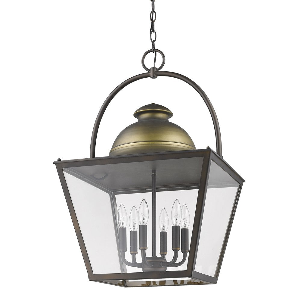 Savannah 6-Light Oil-Rubbed Bronze Foyer Pendant With Raw Brass Accents And Clear Glass Panes - 99fab 