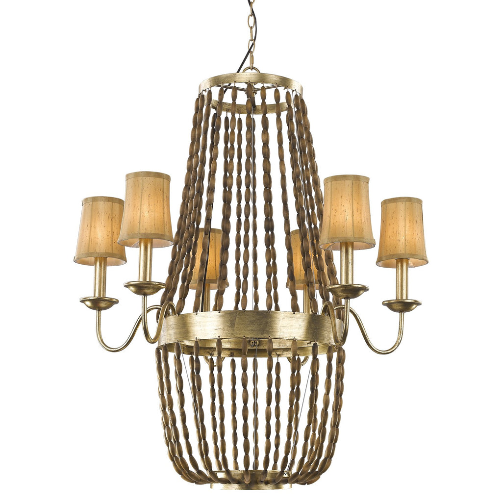 Anastasia 12-Light Antique Gold Leaf Chandelier With Wooden Beaded Chains And Gold Fabric Shades - 99fab 