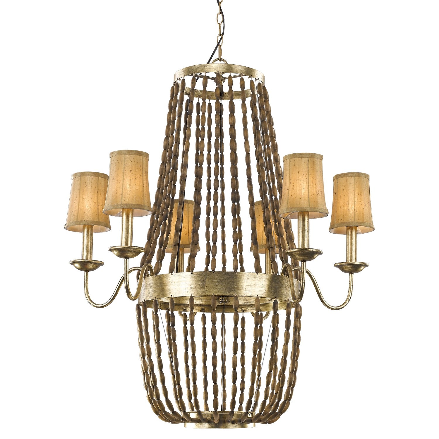 Anastasia 12-Light Antique Gold Leaf Chandelier With Wooden Beaded Chains And Gold Fabric Shades