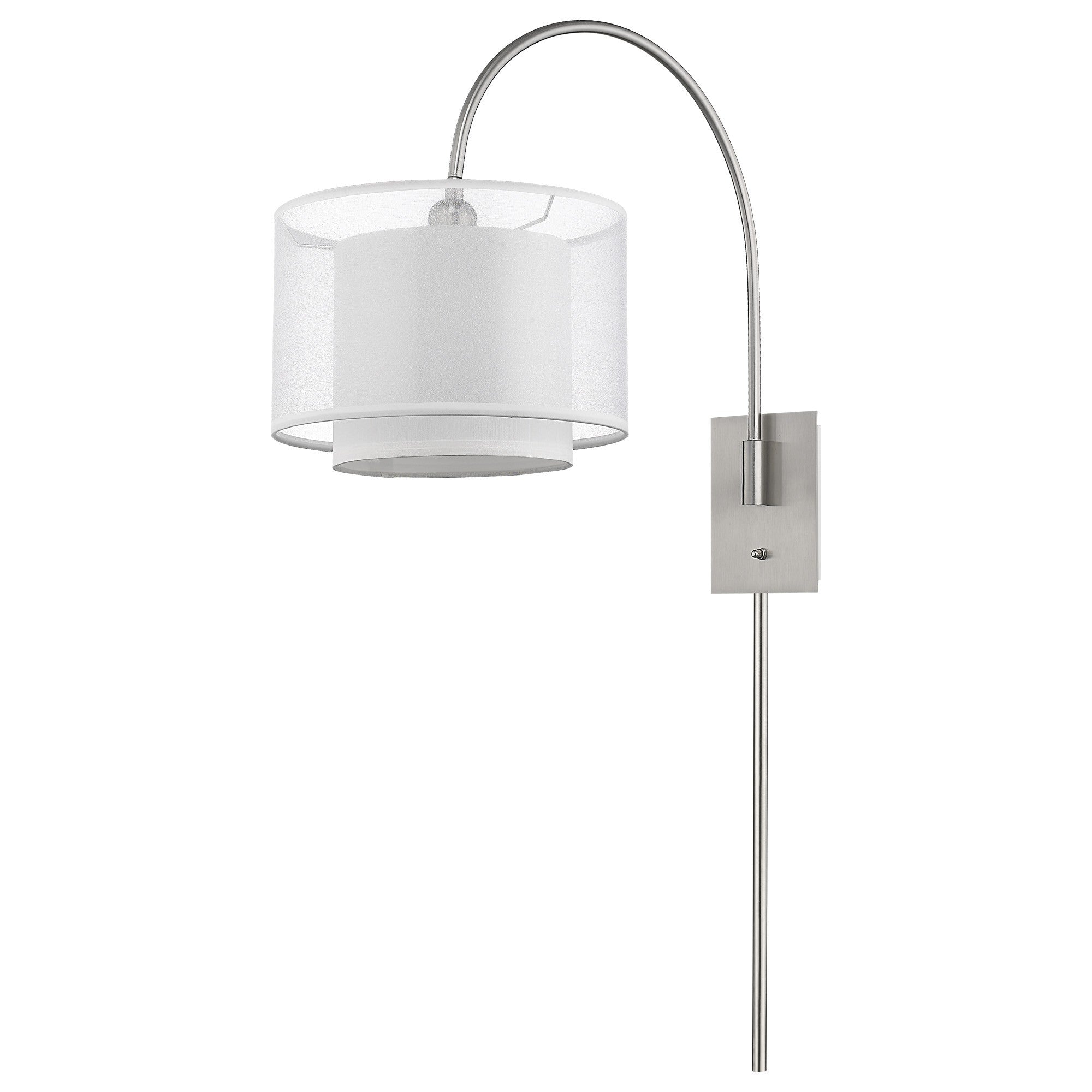 Brella 1-Light Brushed Nickel Swivel Wall Lamp With Sheer Snow Shantung Two Tier Shade