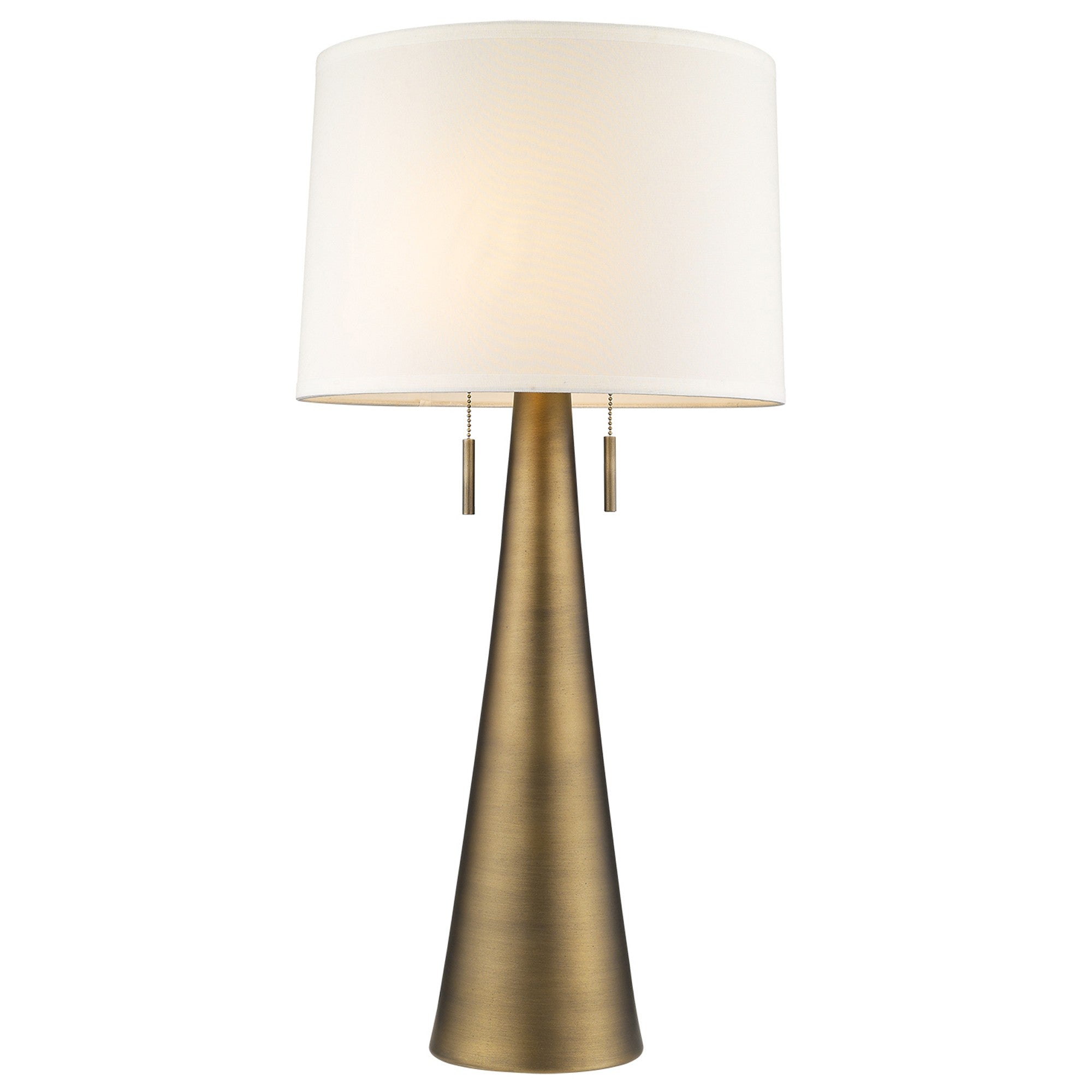 34" Brass Metal Two Light Table Lamp With White Empire Shade