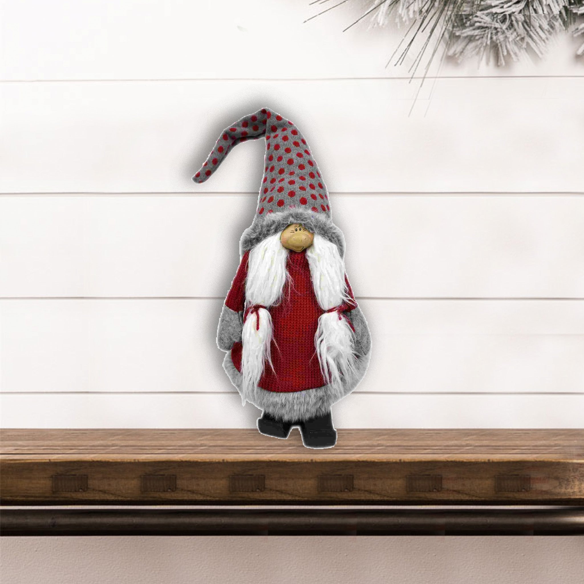 Red and Grey Spotted Hat Gnome with Pigtails