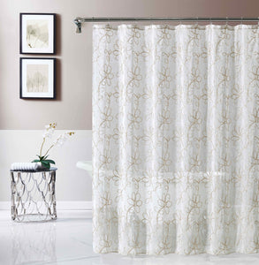 Tan and White Floral Embroider Shower Curtain