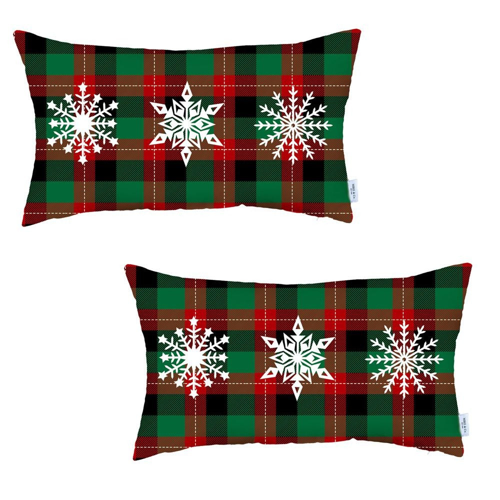 Set of 2 Christmas Snowflake Trio Plaid Lumbar Throw Pillows - 99fab 