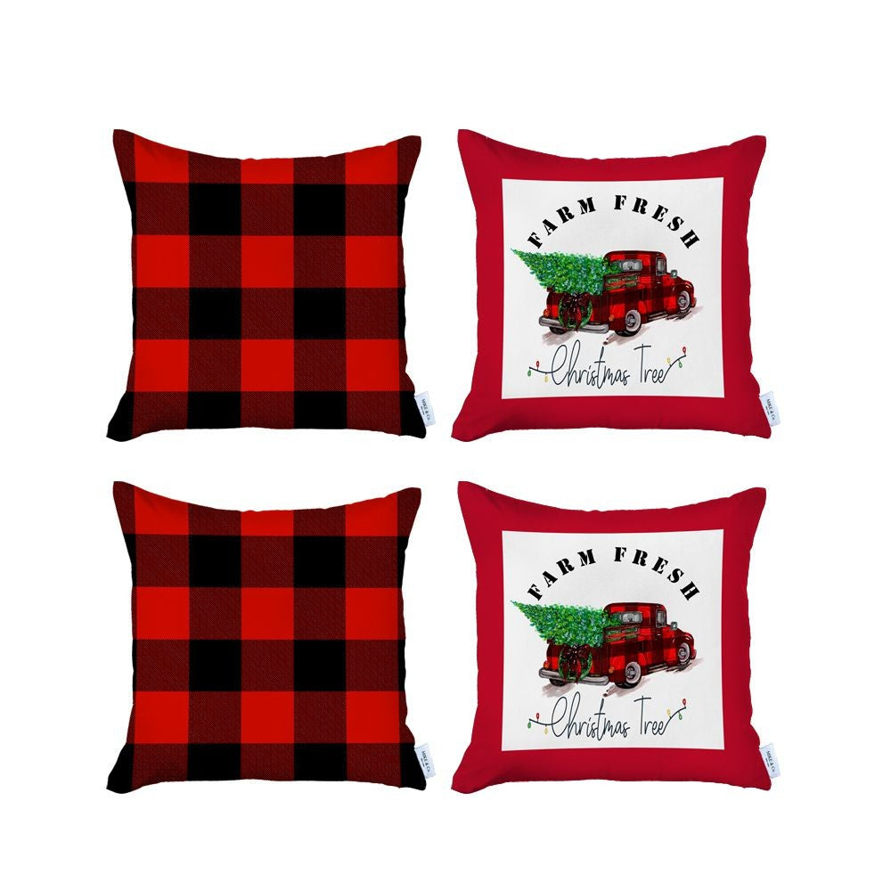 Set of 4 Red Plaid and Red Truck Throw Pillows - 99fab 
