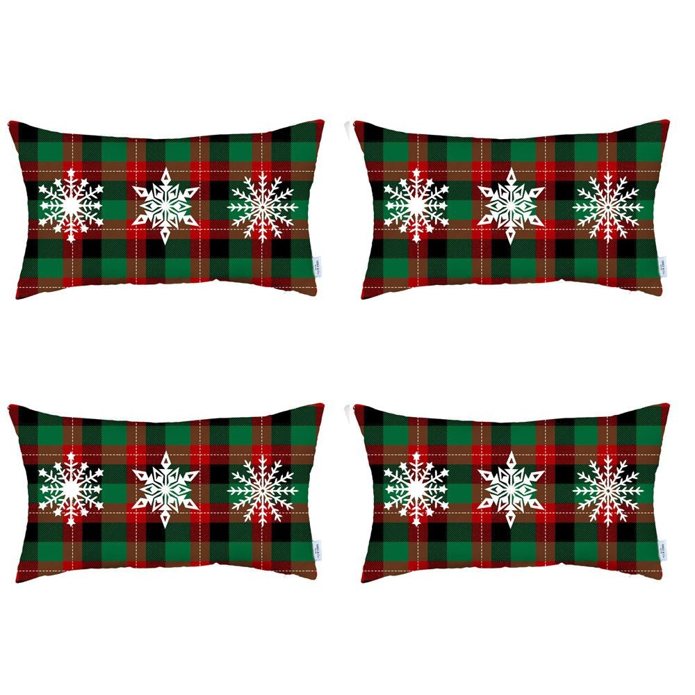 Set of 4 Christmas Snowflake Trio Plaid Lumbar Throw Pillows